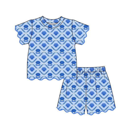 Baby Girls Blue Shells Bows Checked Top Scallop Short Clothes Sets Preorder