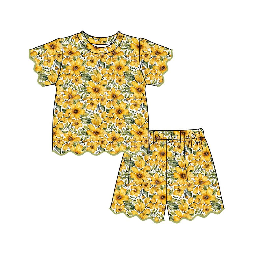Baby Girls Yellow Sunflowers Top Scallop Short Clothes Sets Preorder