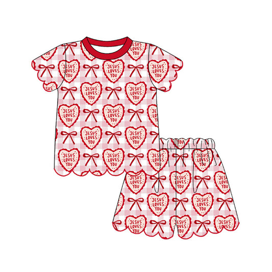 Baby Girls Jesus Loves You Hearts Bows Checked Top Scallop Short Clothes Sets Preorder