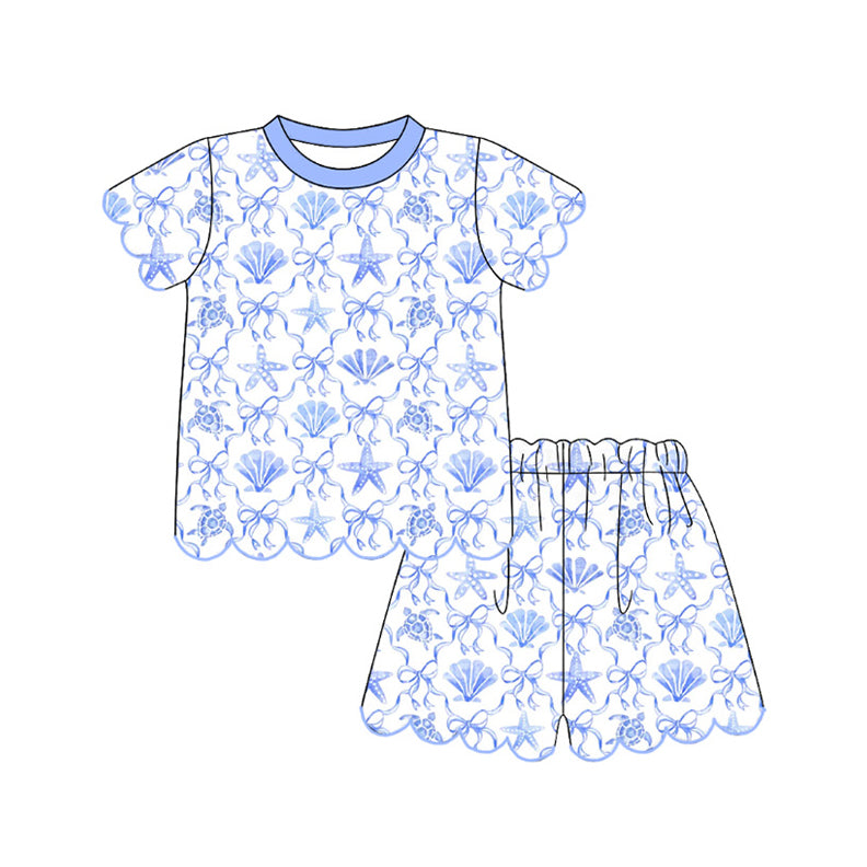 Baby Girls Blue Shell Starfish Bows Checked Top Scallop Short Clothes Sets Preorder