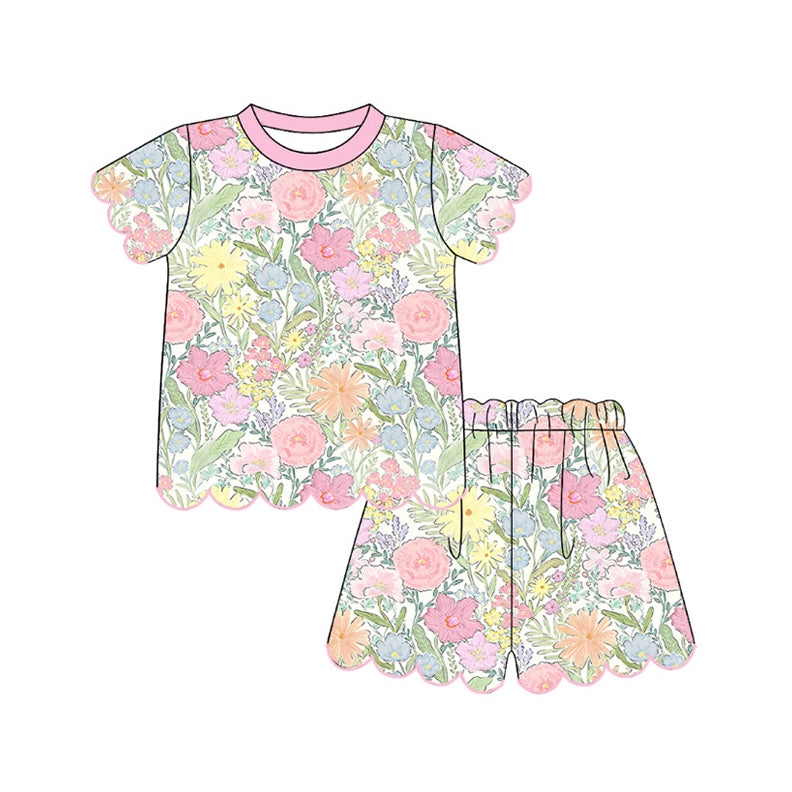 Baby Girls Colorful Daisy Flowers Top Scallop Short Clothes Sets Preorder