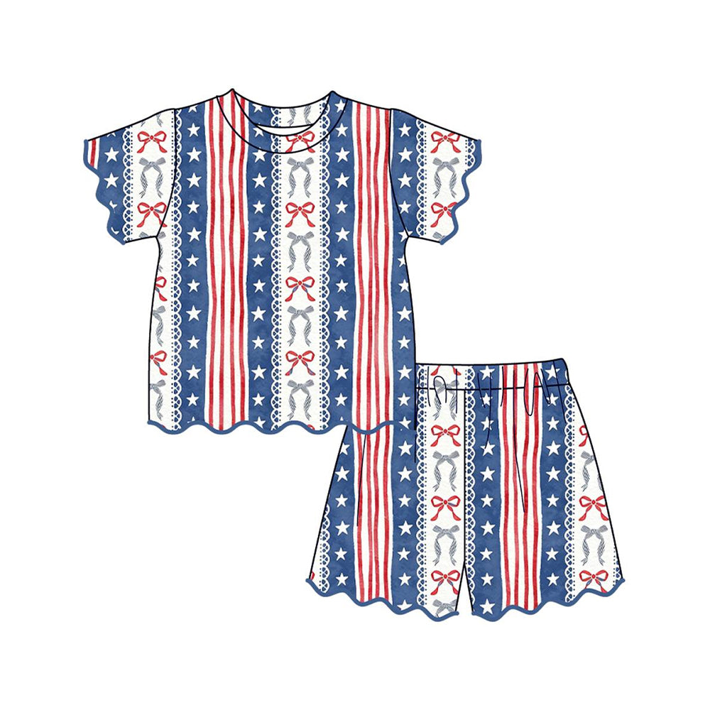 Baby Girls Bow Stars Stripe Top Scallop Short 4th of July Clothes Sets Preorder