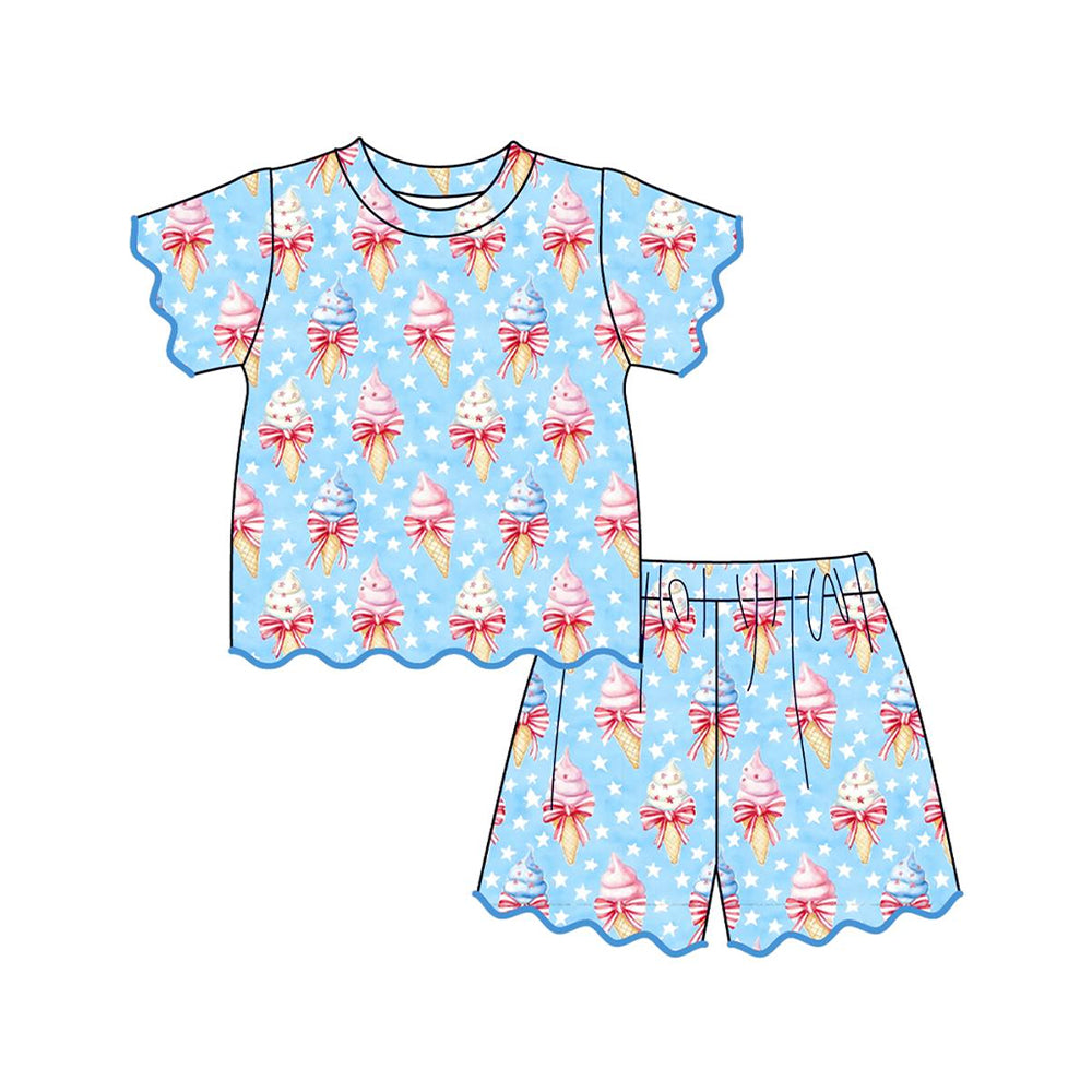 Baby Girls Bow Ice Cream Stars Top Scallop Short 4th of July Clothes Sets Preorder
