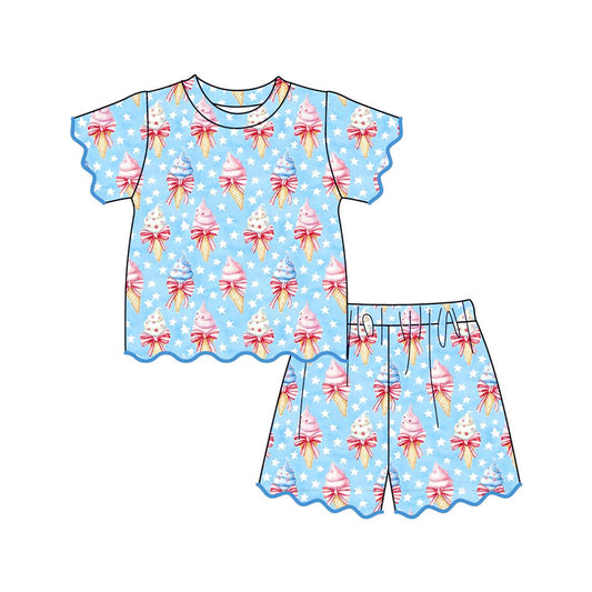 Baby Girls Bow Ice Cream Stars Top Scallop Short 4th of July Clothes Sets Preorder