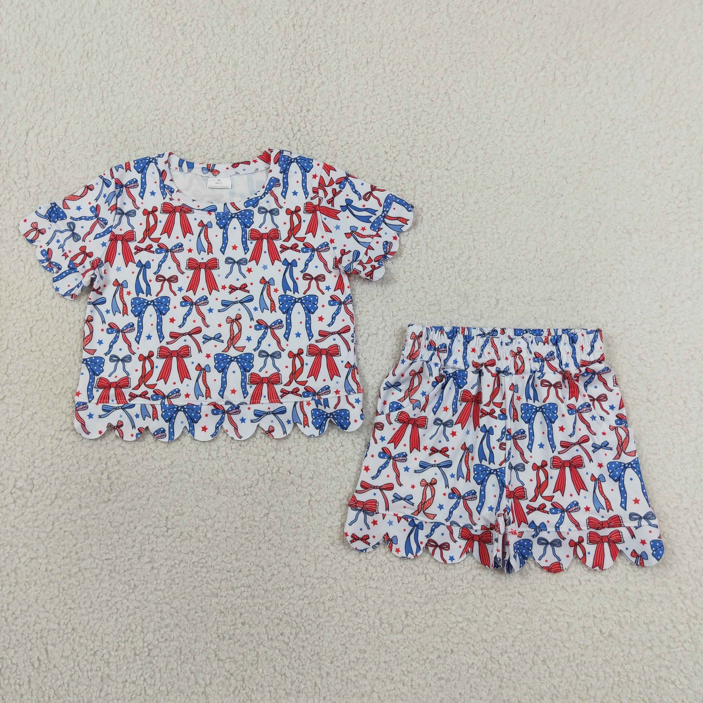 Baby Girls Red Blue Bow Stars Top Pockets Short 4th of July Scallop Clothes Sets