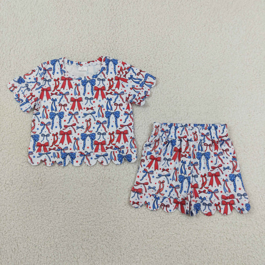 Baby Girls Red Blue Bow Stars Top Pockets Short 4th of July Scallop Clothes Sets