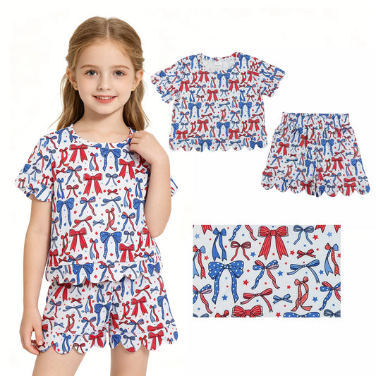 Baby Girls Red Blue Bow Stars Top Pockets Short 4th of July Scallop Clothes Sets