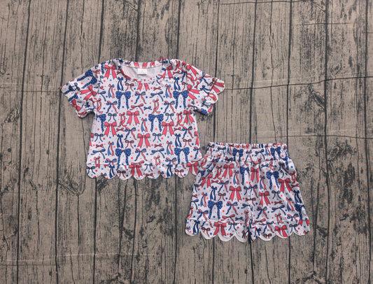 Baby Girls Red Blue Bow Stars Top Pockets Short 4th of July Scallop Clothes Sets Preorder