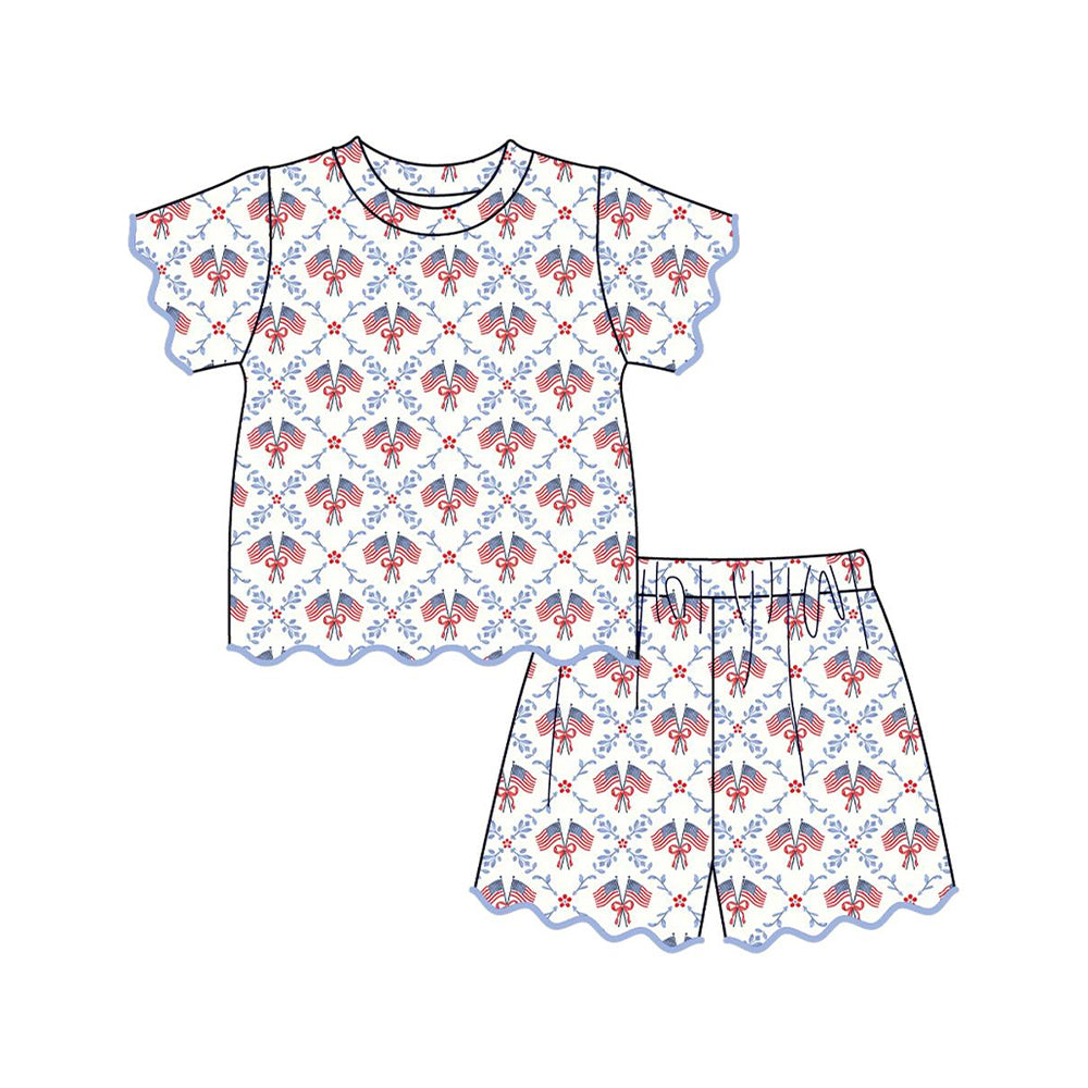 Baby Girls Bow Flags Checked Top Scallop Short 4th of July Clothes Sets Preorder