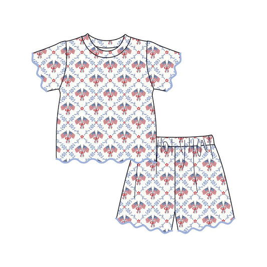 Baby Girls Bow Flags Checked Top Scallop Short 4th of July Clothes Sets Preorder