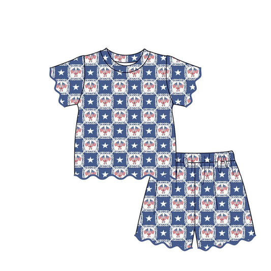 Baby Girls Bow Flag Stars Checked Top Scallop Short 4th of July Clothes Sets Preorder
