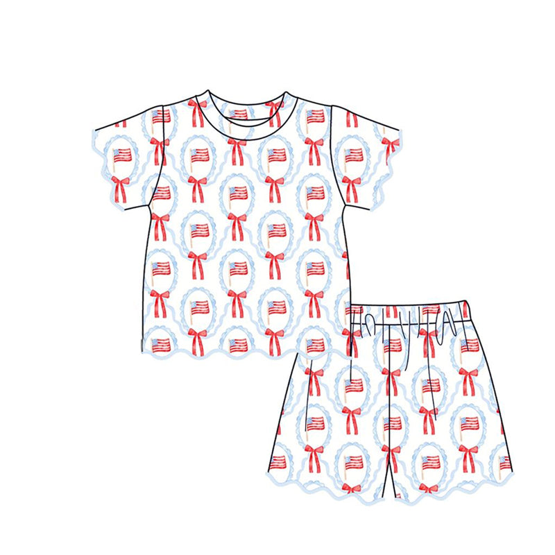 Baby Girls Flag Bows Checked Top Pockets Short 4th of July Scallop Clothes Sets Preorder