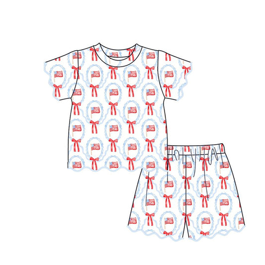 Baby Girls Flag Bows Checked Top Pockets Short 4th of July Scallop Clothes Sets Preorder