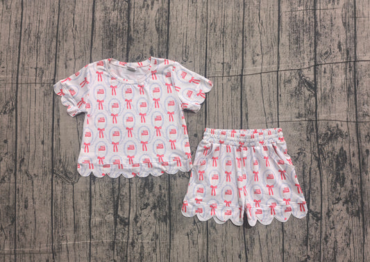 Baby Girls Flag Bows Checked Top Pockets Short 4th of July Scallop Clothes Sets Preorder