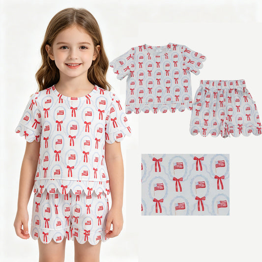 Baby Girls Flag Bows Checked Top Pockets Short 4th of July Scallop Clothes Sets