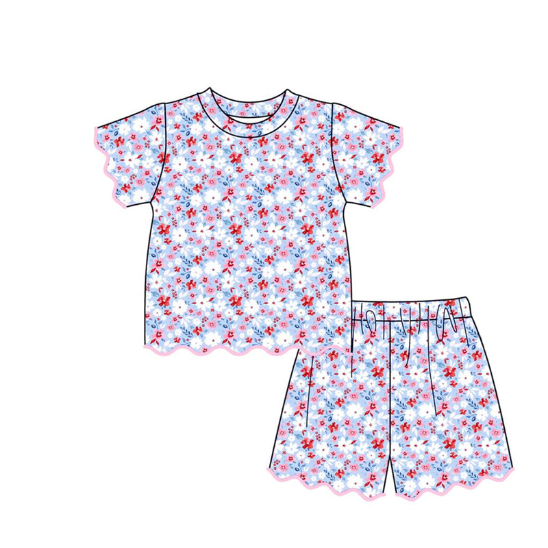 Baby Girls Blue Red Small Flowers Top Scallop Short 4th of July Clothes Sets Preorder