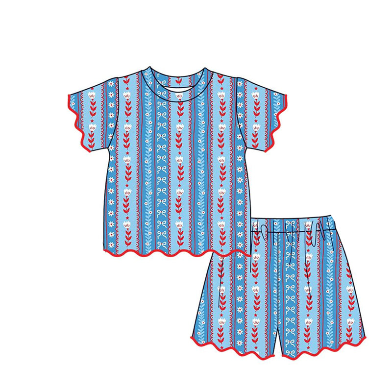 Baby Girls Bows Flowers Stripe Top Pockets Short Scallop Clothes Sets Preorder