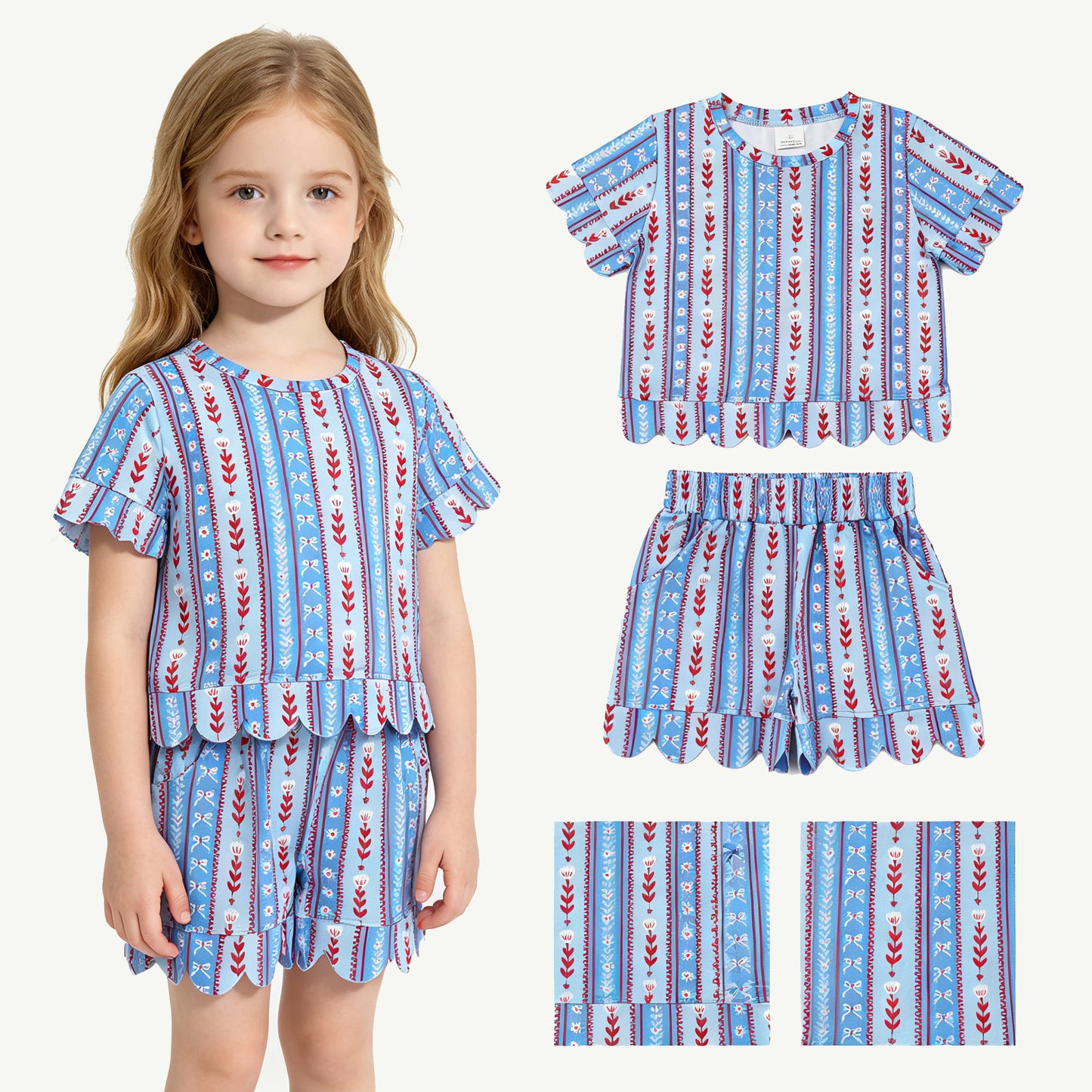Baby Girls Bows Flowers Stripe Top Pockets Short Scallop Clothes Sets