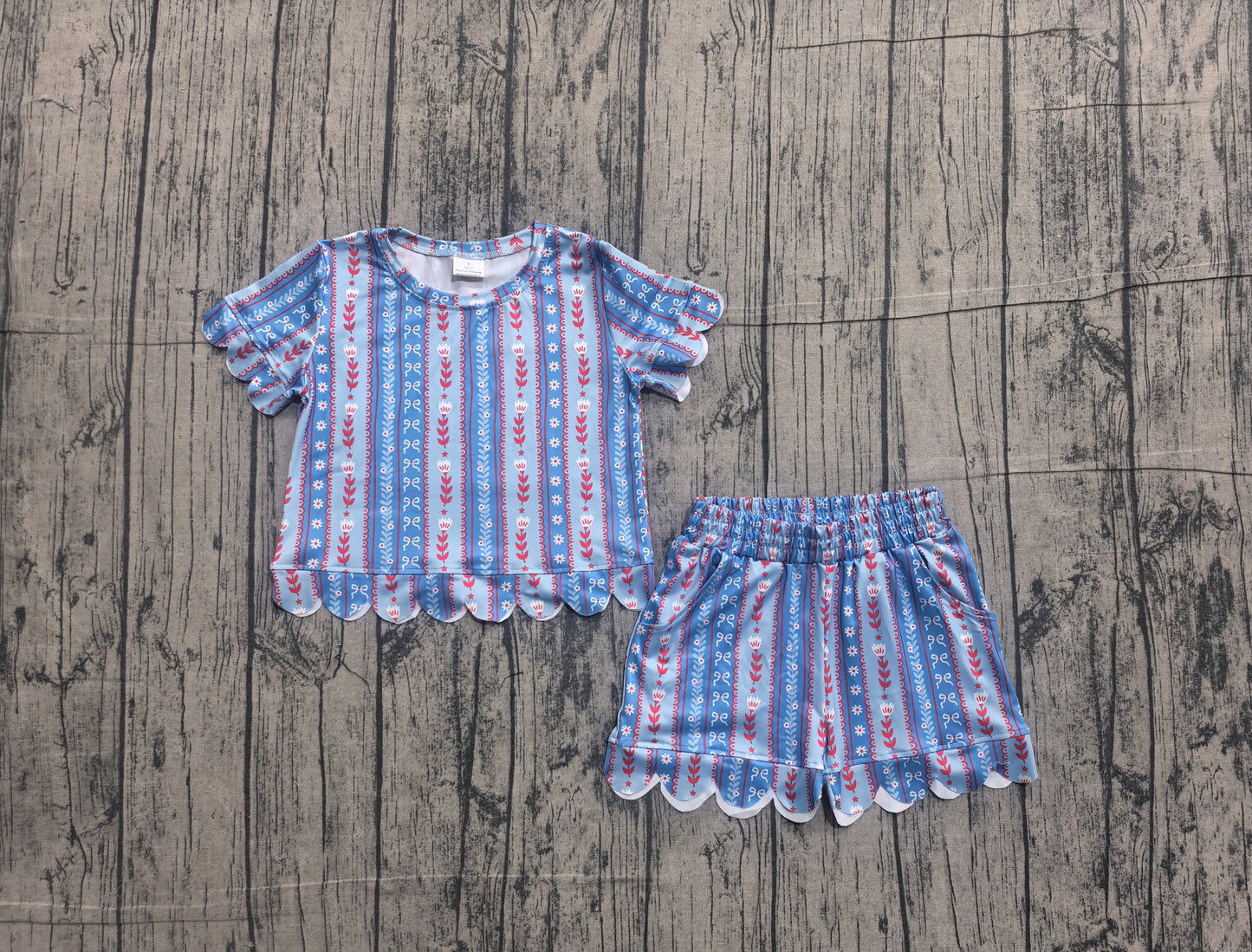 Baby Girls Bows Flowers Stripe Top Pockets Short Scallop Clothes Sets Preorder