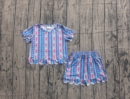 Baby Girls Bows Flowers Stripe Top Pockets Short Scallop Clothes Sets Preorder