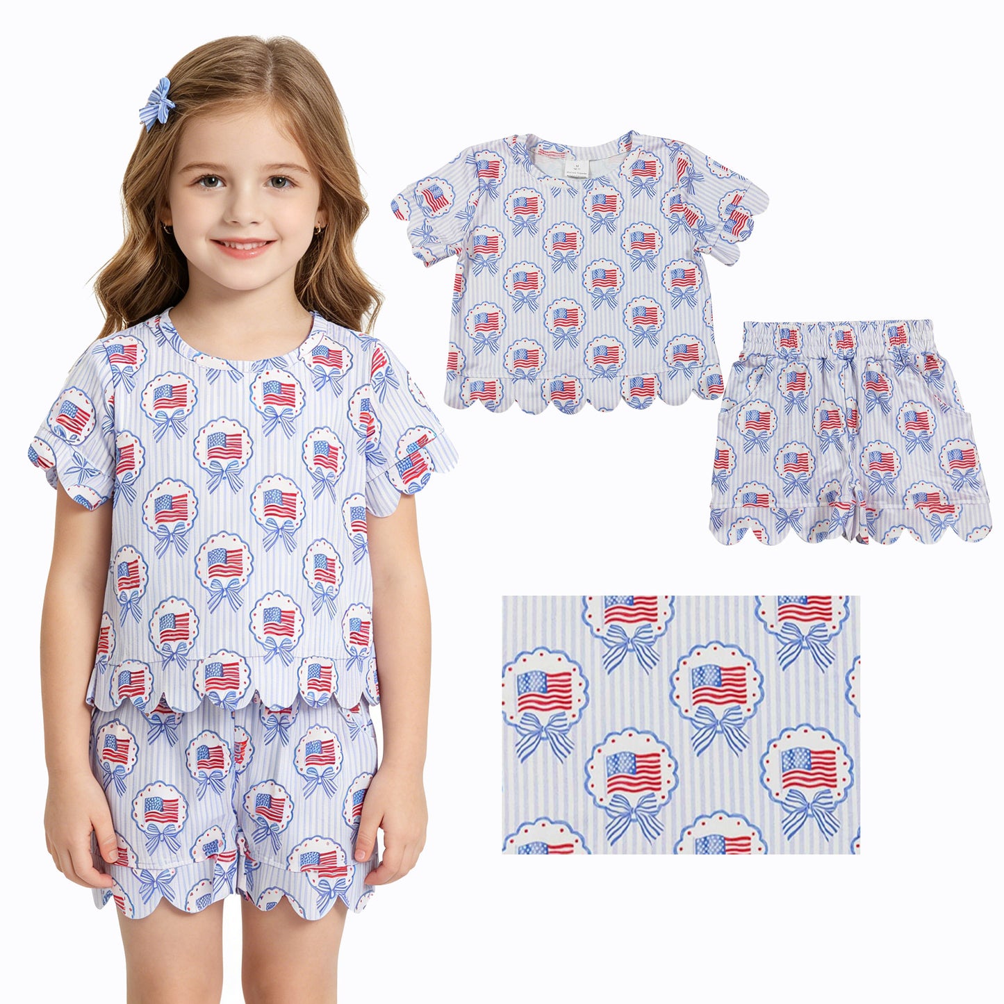 Baby Girls Bows Flags Stripe Top Pockets Short 4th of July Scallop Clothes Sets