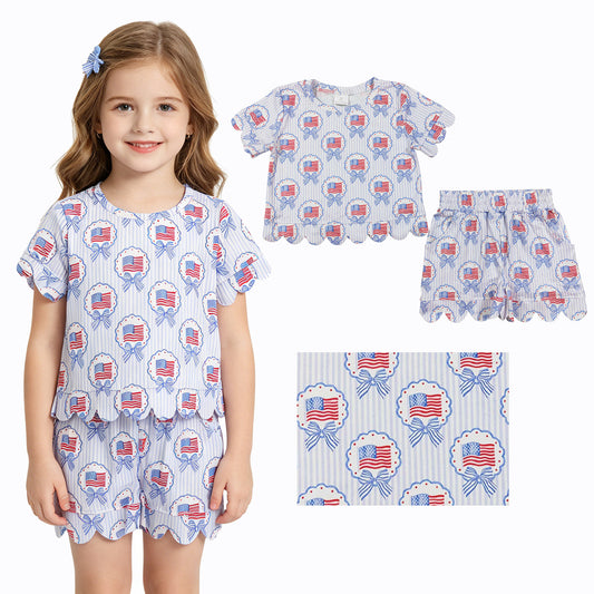 Baby Girls Bows Flags Stripe Top Pockets Short 4th of July Scallop Clothes Sets