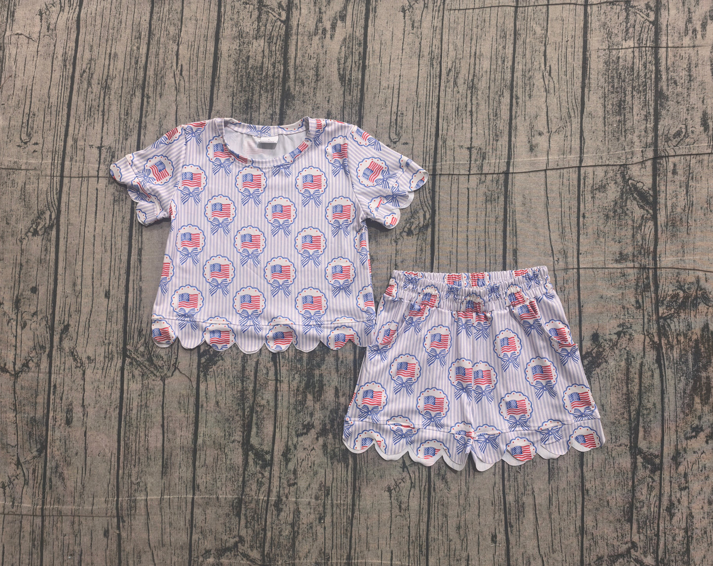 Baby Girls Bows Flags Checked Top Pockets Short 4th of July Scallop Clothes Sets Preorder