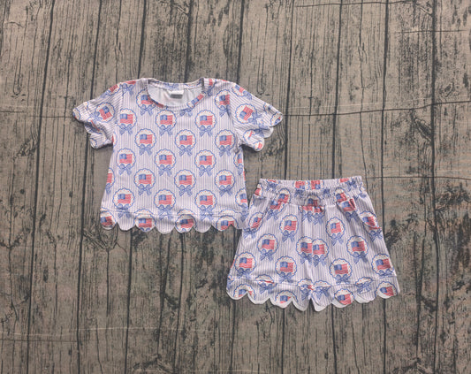 Baby Girls Bows Flags Checked Top Pockets Short 4th of July Scallop Clothes Sets Preorder