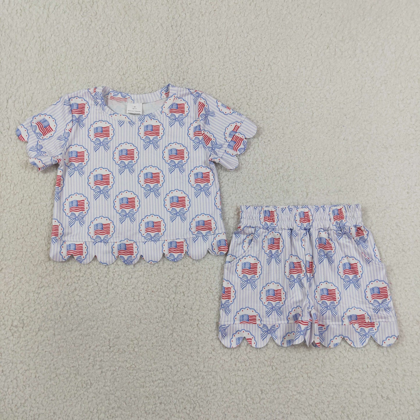 Baby Girls Bows Flags Stripe Top Pockets Short 4th of July Scallop Clothes Sets