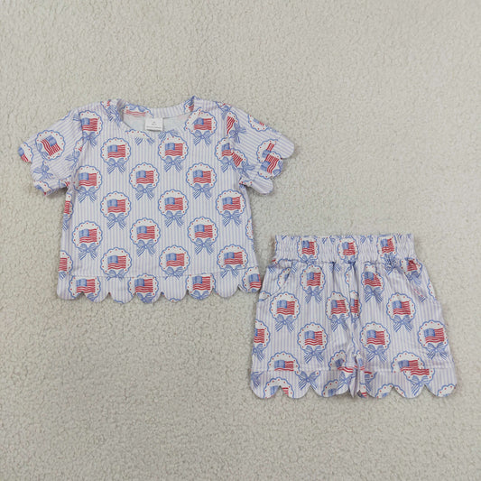 Baby Girls Bows Flags Stripe Top Pockets Short 4th of July Scallop Clothes Sets