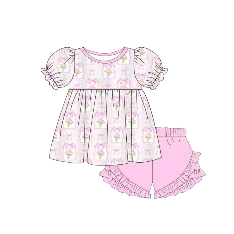 Baby Girls Pink Stripe Floral Bows Tunic Ruffle Short Clothes Sets Preorder
