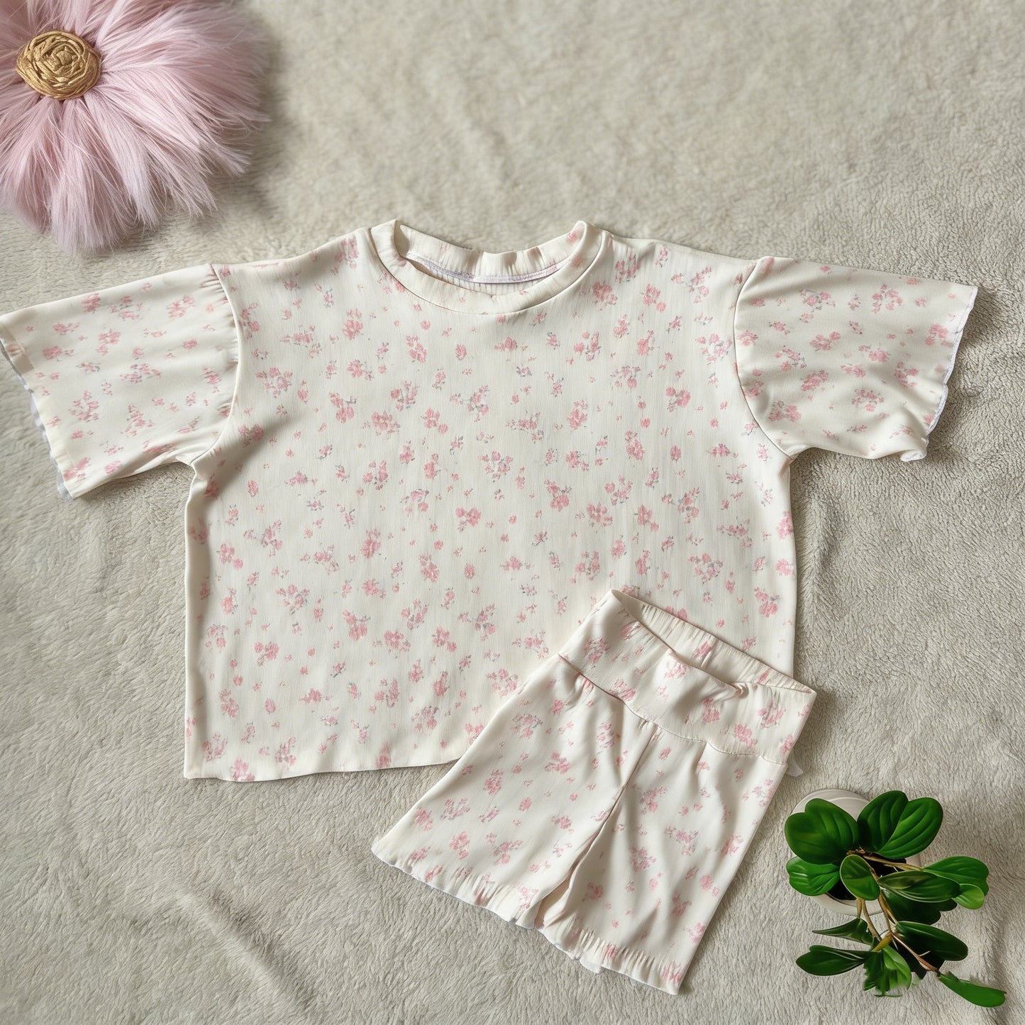 Baby Girls Pink Flowers Top Biking Short Clothes Sets Preorder