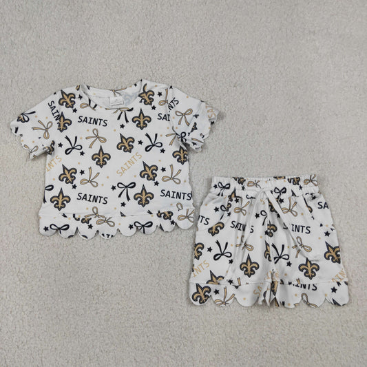 Baby Girls Star Bows Saints Top Pockets Short Team Scallop Clothes Sets