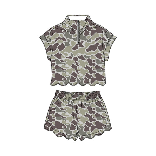 Baby Girls Southern Grey Camo Zipper Top Scallop Short Clothes Sets Preorder