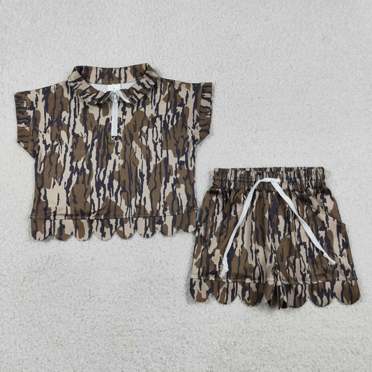 Sibling Baby Girls Southern Camo Zip Pullovers Pockets Shorts Scallop Clothes Sets