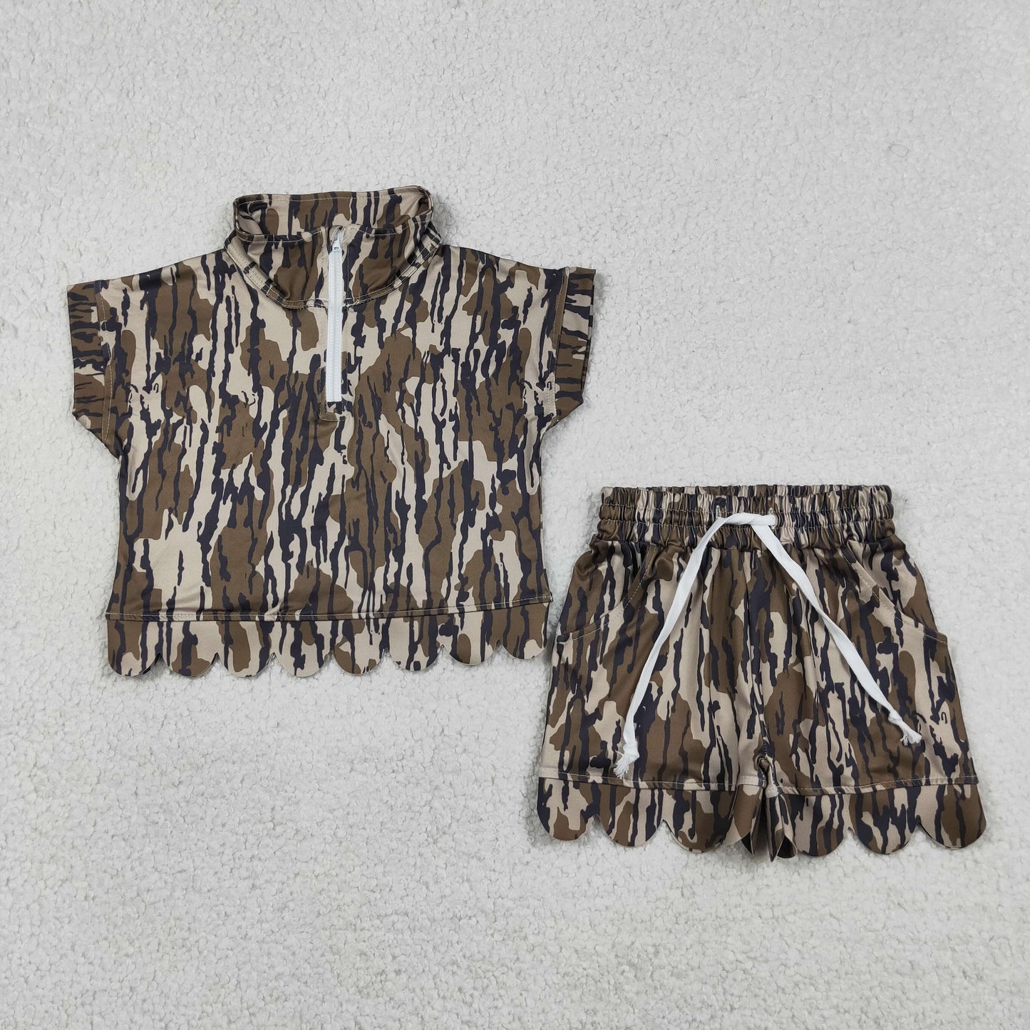 Sibling Baby Girls Southern Camo Zip Pullovers Pockets Shorts Scallop Clothes Sets