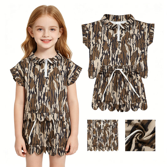 Baby Girls Southern Olive Wood Camo Zip Top Pockets Short Scallop Clothes Sets