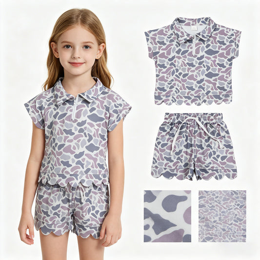Baby Girls Southern Light Grey Camo Zip Top Pockets Short Scallop Clothes Sets