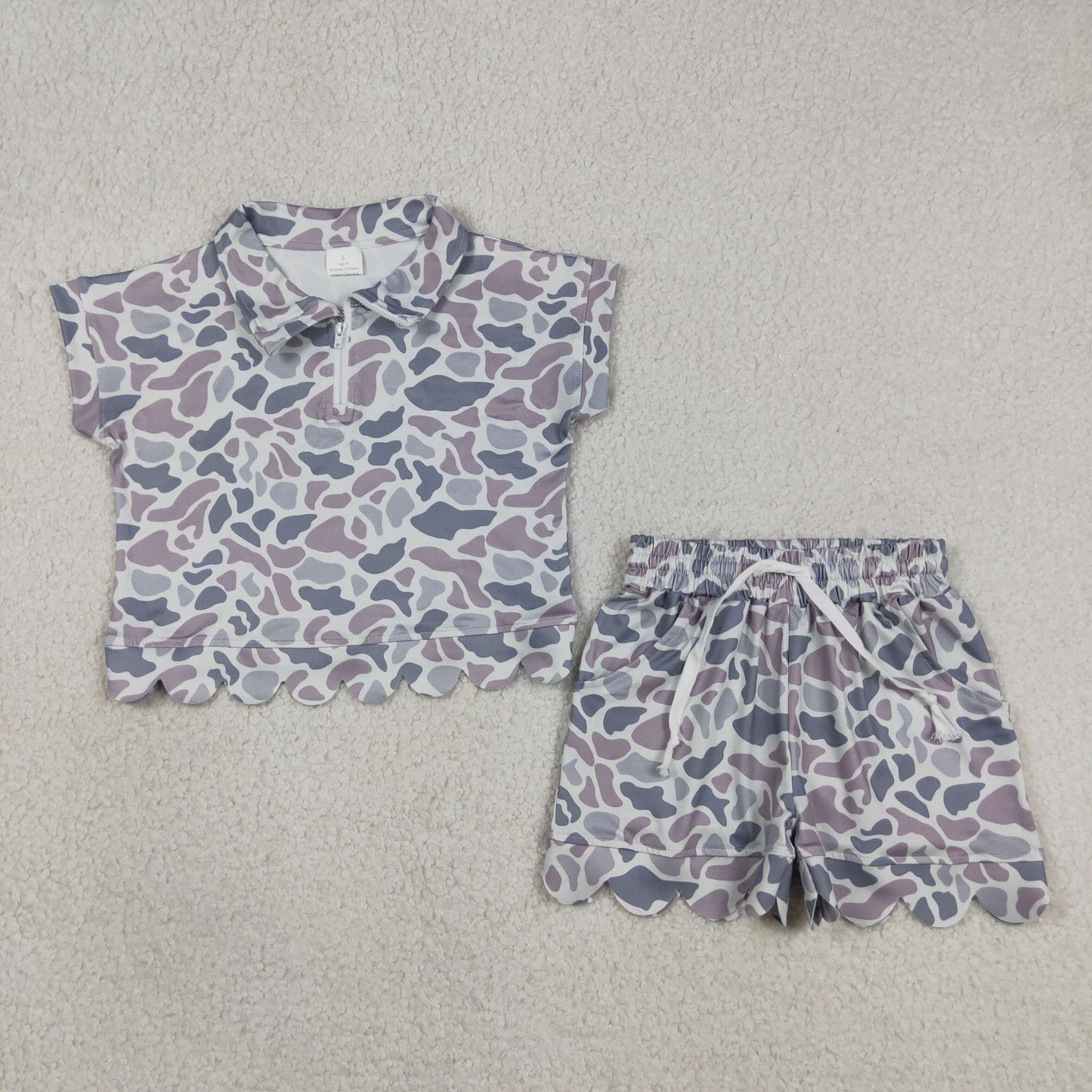 Baby Girls Southern Light Grey Camo Zip Top Pockets Short Scallop Clothes Sets