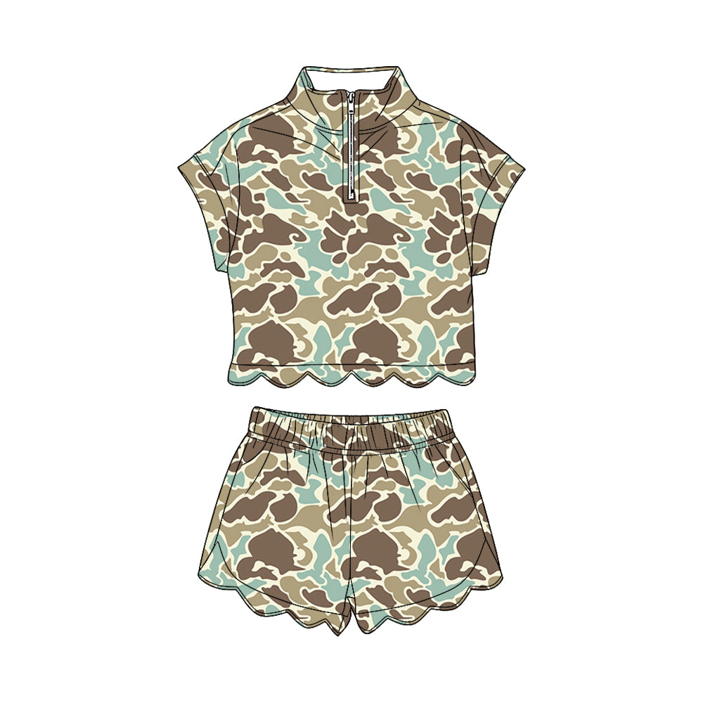 Baby Girls Southern Khaki Camo Zipper Top Scallop Short Clothes Sets Preorder