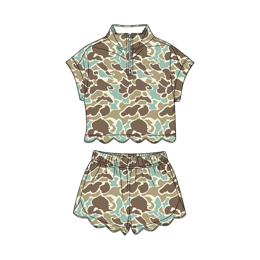 Baby Girls Southern Khaki Camo Zipper Top Scallop Short Clothes Sets Preorder