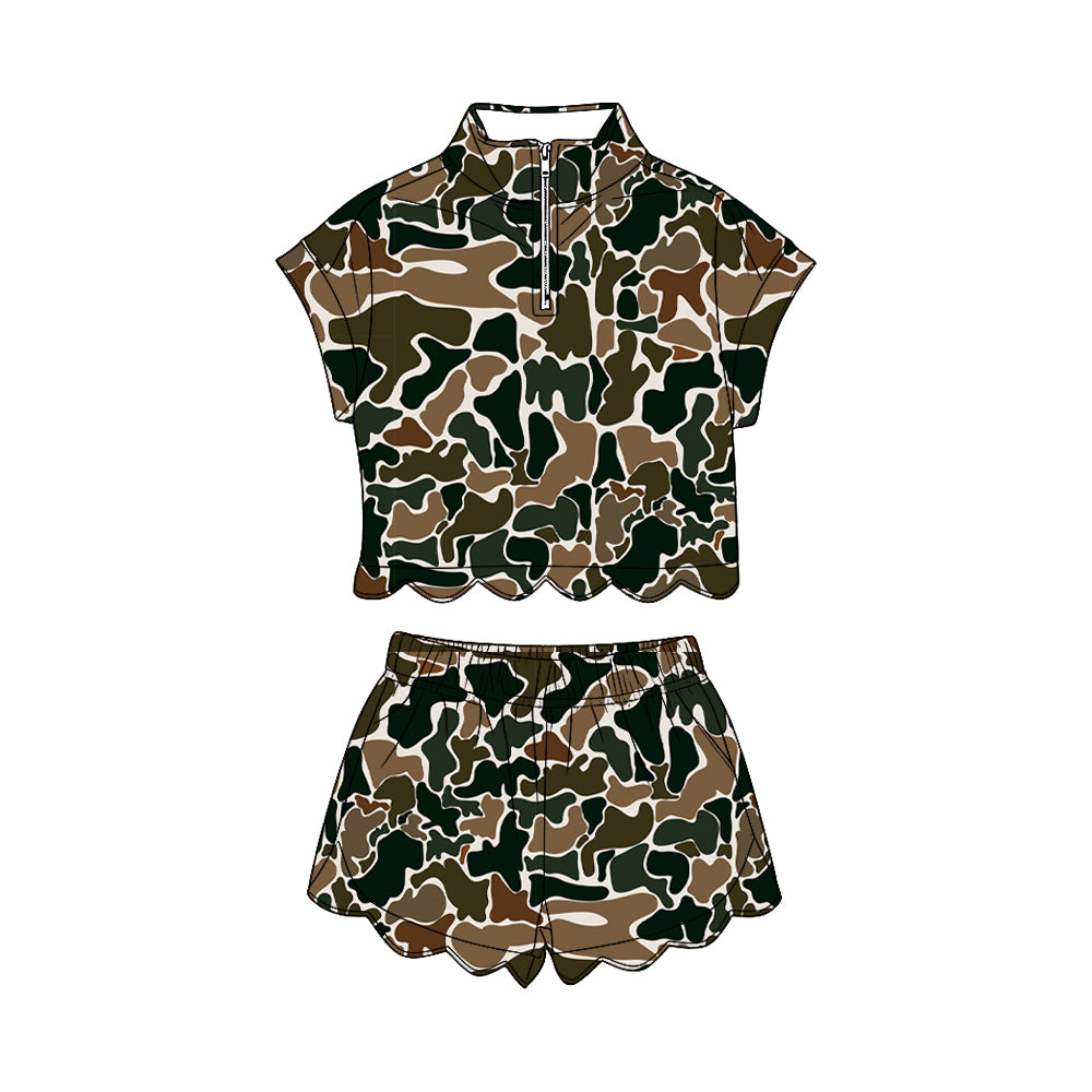 Baby Girls Southern Dark Brown Camo Zipper Top Scallop Short Clothes Sets Preorder