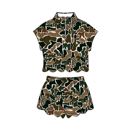 Baby Girls Southern Dark Brown Camo Zipper Top Scallop Short Clothes Sets Preorder