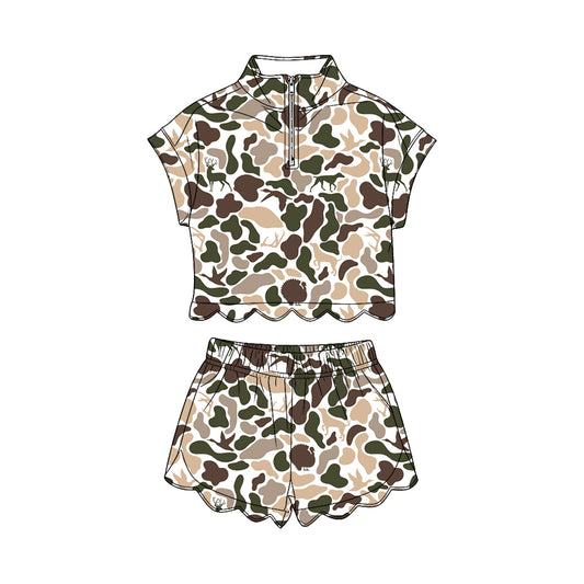 Baby Girls Dog Ducks Camo Zipper Top Scallop Short Hunting Clothes Sets Preorder