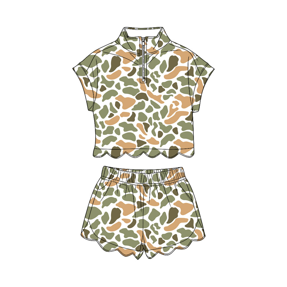 Baby Girls Southern Orange Camo Zipper Top Scallop Short Clothes Sets Preorder