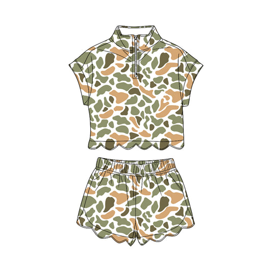 Baby Girls Southern Orange Camo Zipper Top Scallop Short Clothes Sets Preorder