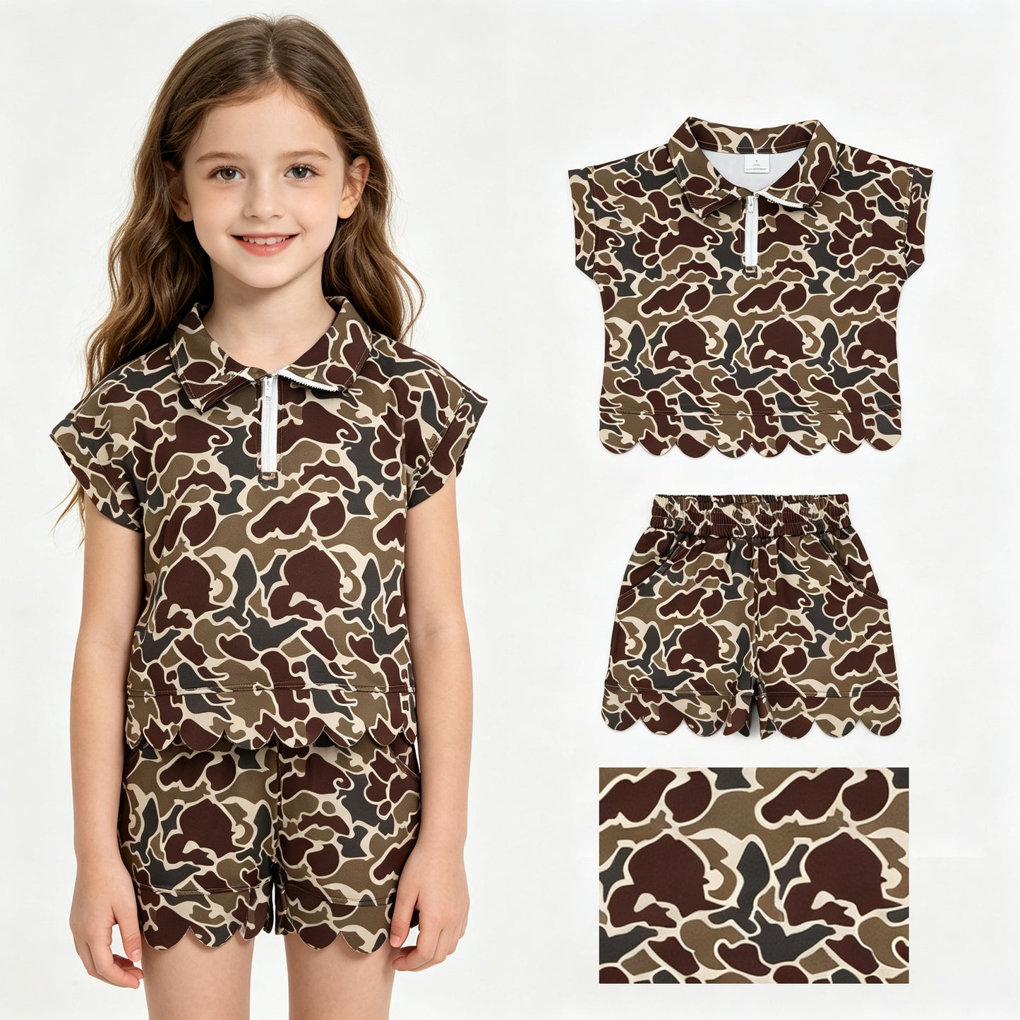 Baby Girls Southern Dark Khaki Camo Zip Top Pockets Short Scallop Clothes Sets