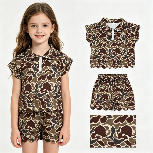 Baby Girls Southern Dark Khaki Camo Zip Top Pockets Short Scallop Clothes Sets