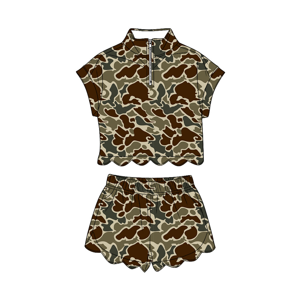 Baby Girls Southern Dark Khaki Camo Zipper Top Scallop Short Clothes Sets Preorder
