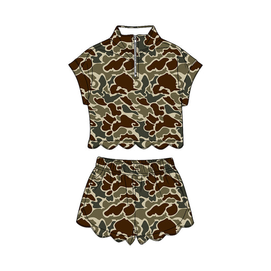 Baby Girls Southern Dark Khaki Camo Zipper Top Scallop Short Clothes Sets Preorder